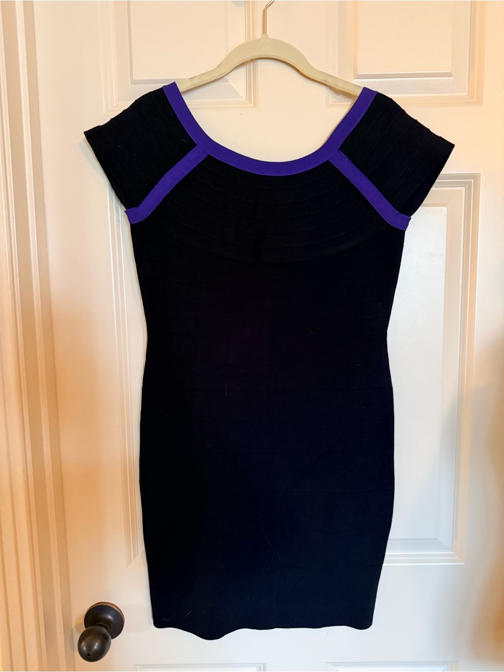 Moda International Bodycon Black Dress with Purple Trim